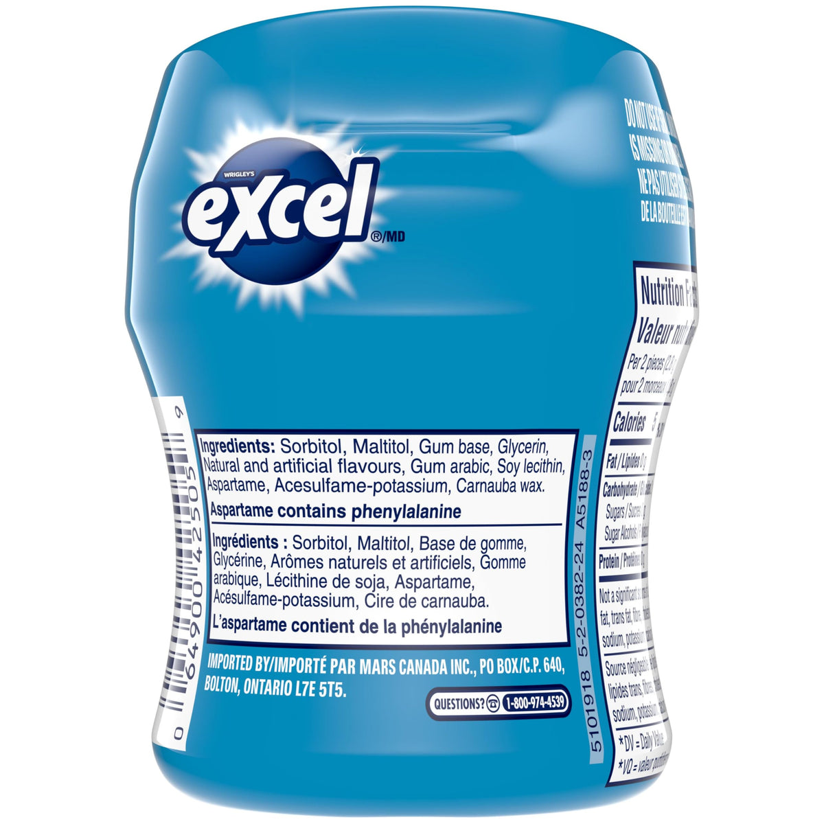EXCEL, Peppermint Flavoured Sugar Free Chewing Gum, 60 Pieces, 6 Bottles