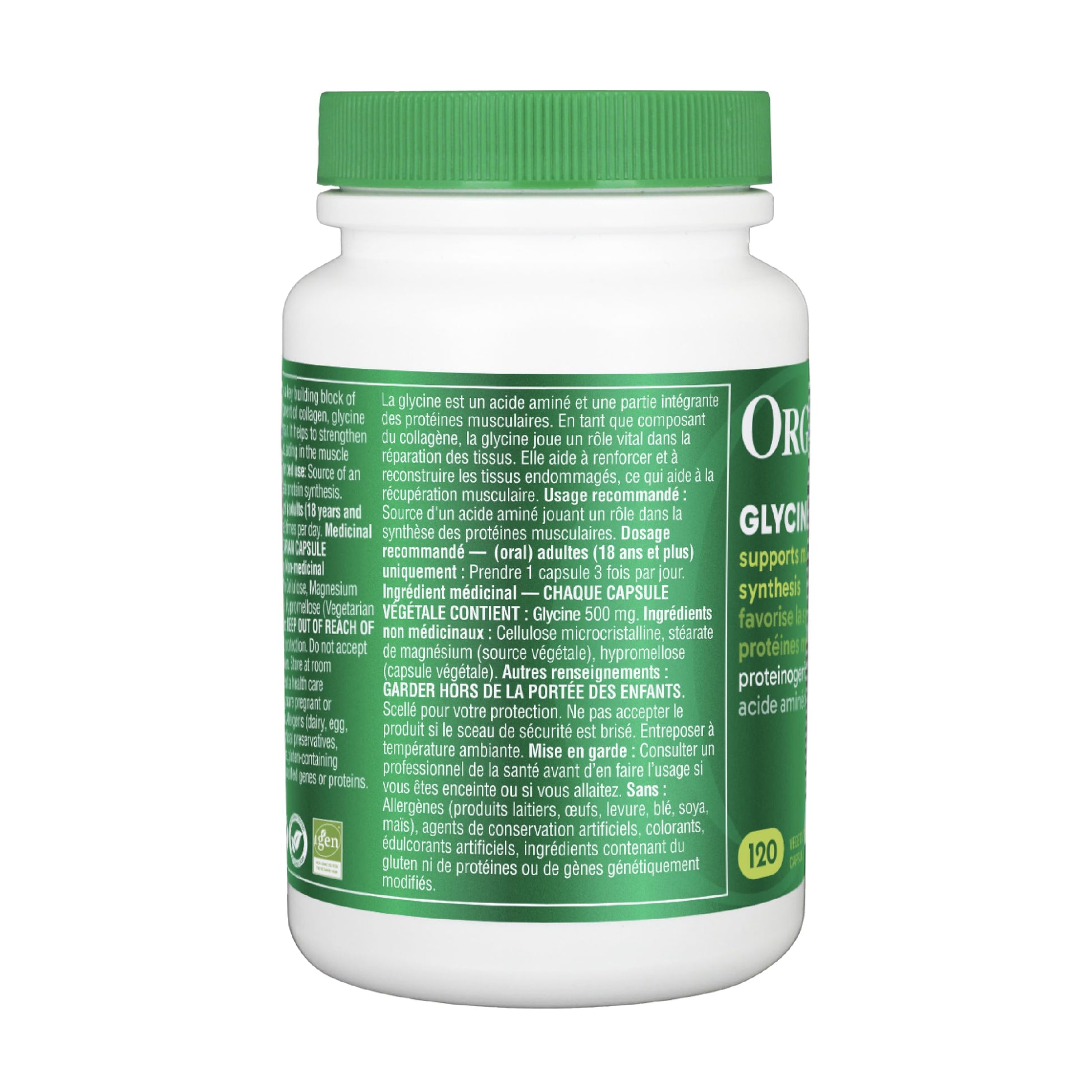 Organika Canadian-Made Glycine - Proteinogenic Amino Acid - Aids Protein Synthesis, Collagen Formation, Joint and Muscle Health, Calming Effect - 120caps