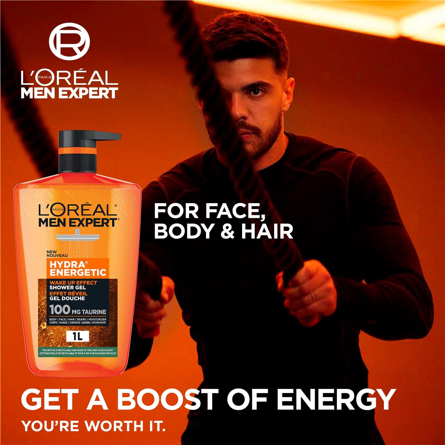 L'Oréal Paris Men Expert Hydra Energetic XXXL Shower Gel, Men's Taurine Body Wash for Body, Face, Hair & Beard, Energizing & Wake Up Effect, 1 Litre