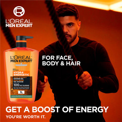 L'Oréal Paris Men Expert Hydra Energetic XXXL Shower Gel, Men's Taurine Body Wash for Body, Face, Hair & Beard, Energizing & Wake Up Effect, 1 Litre
