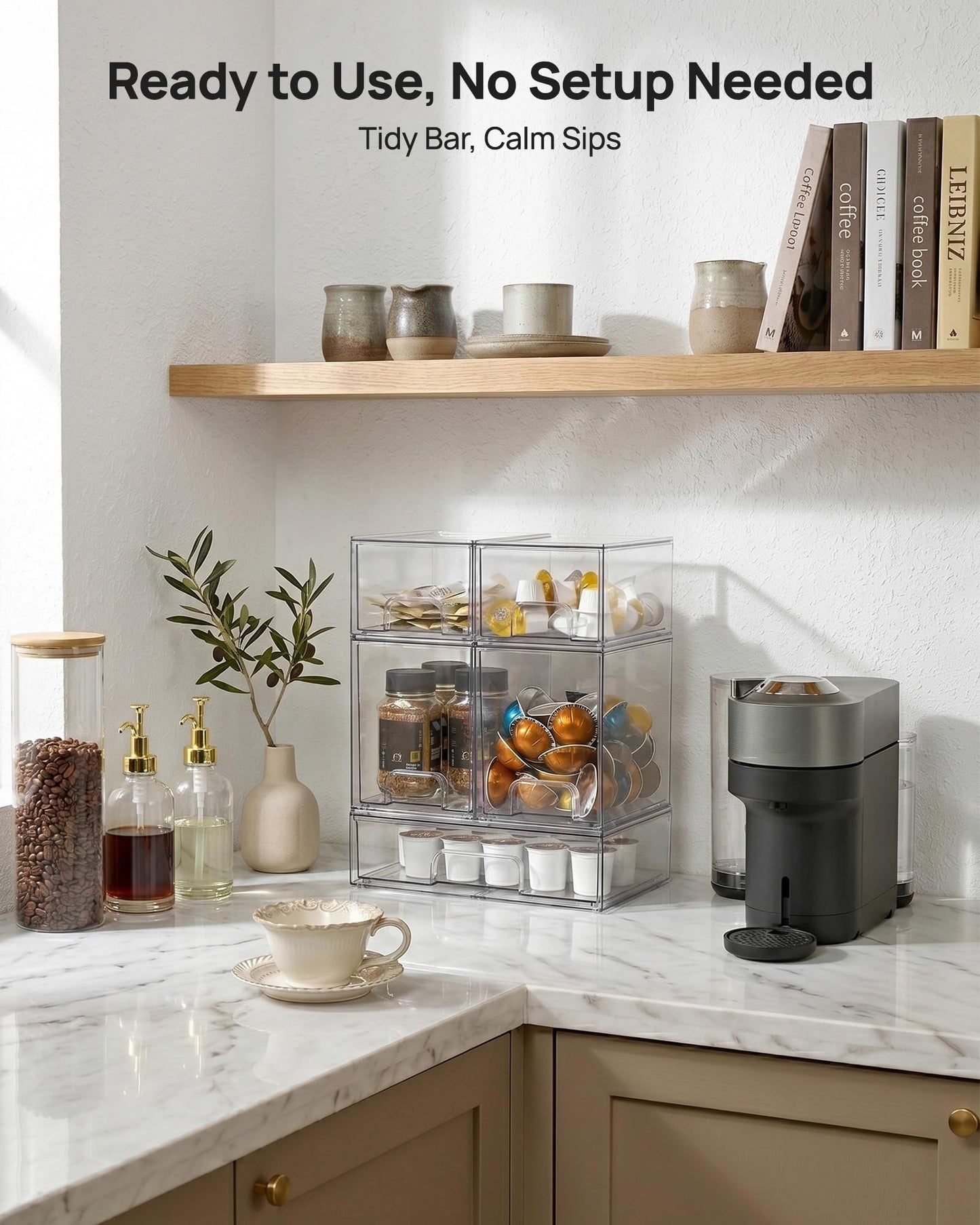 Vtopmart Stackable Storage Drawers Set of 5, 12" Wide and 4.4''&7.6'' High Clear Plastic Organizer Bins for Beauty Supplies,Ideal for Vanity, Bathroom,Cabinet,Pantry Organization
