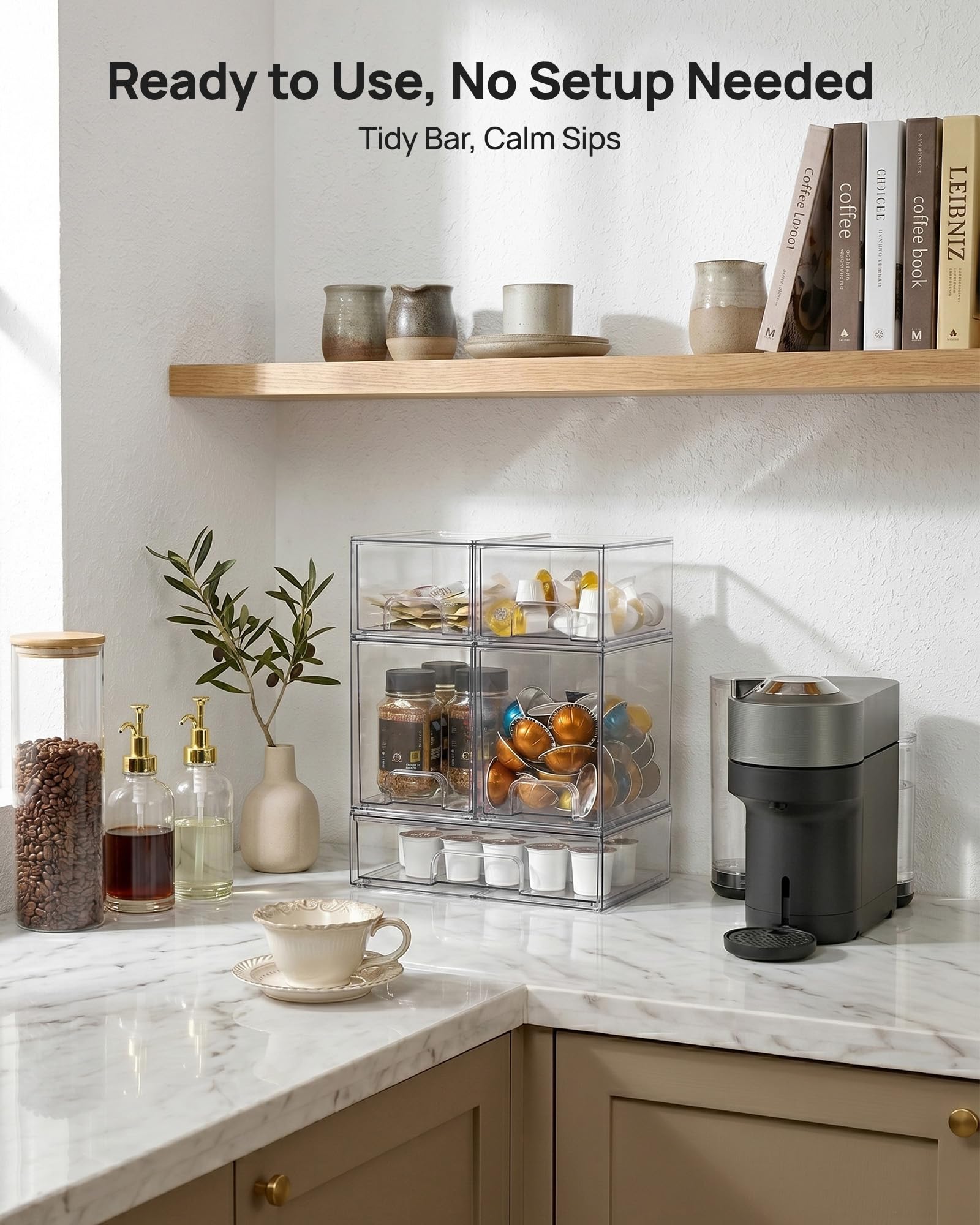 Vtopmart Stackable Storage Drawers Set of 5, 12" Wide and 4.4''&7.6'' High Clear Plastic Organizer Bins for Beauty Supplies,Ideal for Vanity, Bathroom,Cabinet,Pantry Organization