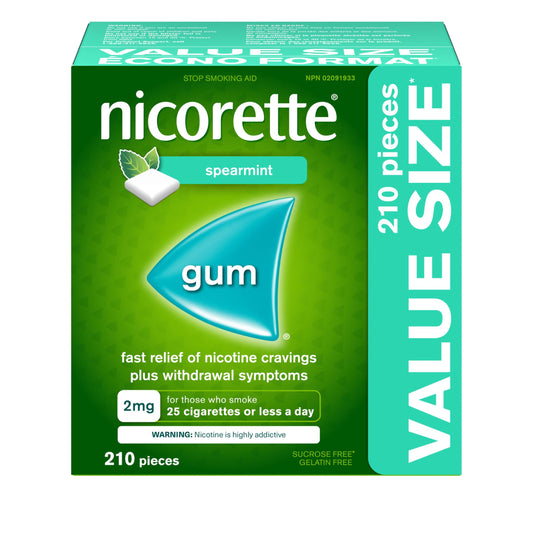 Nicorette Gum Smoking Cessation Product, Nicotine Replacement Therapy Aid for Adults, Doubles Quit Success, Spearmint Flavour, 2mg, 210 Pieces