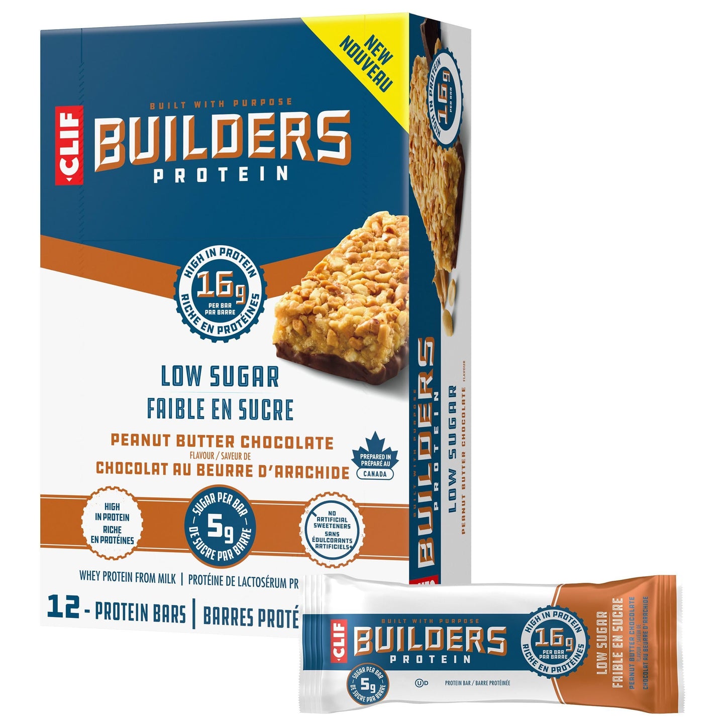 CLIF BUILDERS Low Sugar Protein Bars - Peanut Butter Chocolate, 12-Pack (56g each)
