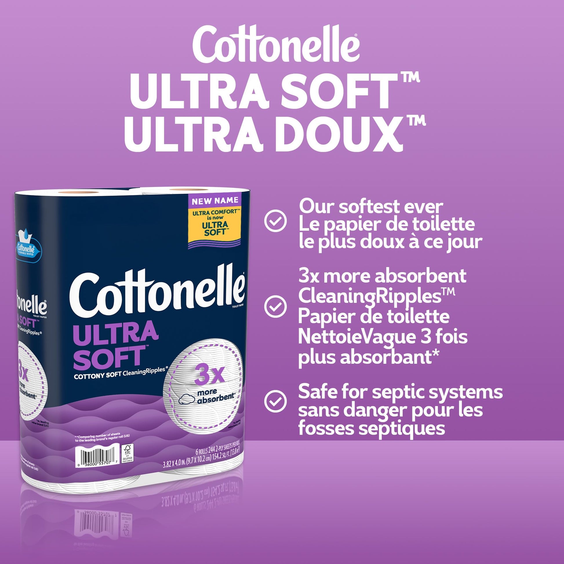 Cottonelle Toilet Paper, 32 Family Mega Rolls = 144 Regular Rolls (8 Packs of 4), Ultra Soft, Soft Bathroom Tissue, 296 Sheets per Roll, Packaging May Vary - Available at All In One Marketplace Canada