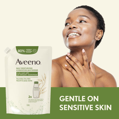 Aveeno Daily Moisturizing Body Wash for Dry & Sensitive Skin with Prebiotic Oat, Hydrating Oat Body Wash Nourishes Dry Skin & Gently Cleanses, Light Fragrance, Sulfate-Free, 1.06L, Refill Pack 🍁 All In One Marketplace Canada