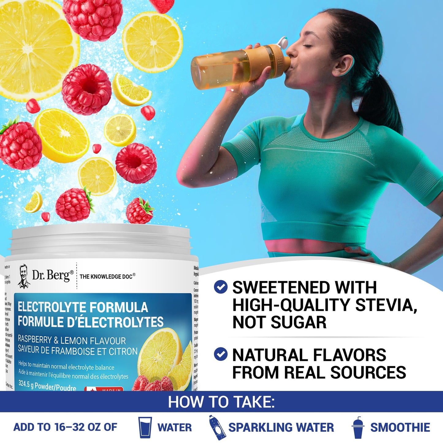 Dr. Berg Electrolytes Powder No Sugar - Enhanced w/ 1000 mg of Potassium & Real Sea Salt - Zero Sugar Electrolyte Powder - Raspberry & Lemon Flavor Hydration Powder Electrolytes - 50 Servings - Available at All In One Marketplace Canada