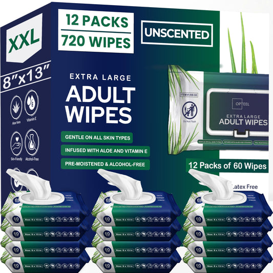 Adult Wipes For Elderly - 8"x13" 720ct (12 Packs of 60) Huge & Soft Non-Flushable Body Wipes for Adults Bathing No-Rinse - Incontinence Disposable Washcloths, Vitamin E & Aloe Infused - Available at All In One Marketplace Canada