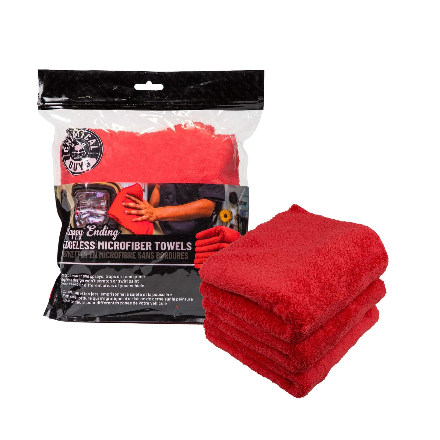 Chemical Guys Happy Ending Ultra Plush Edgeless Microfiber Towel, Red, 16" x 16" (Pack of 3) Chemical Guys