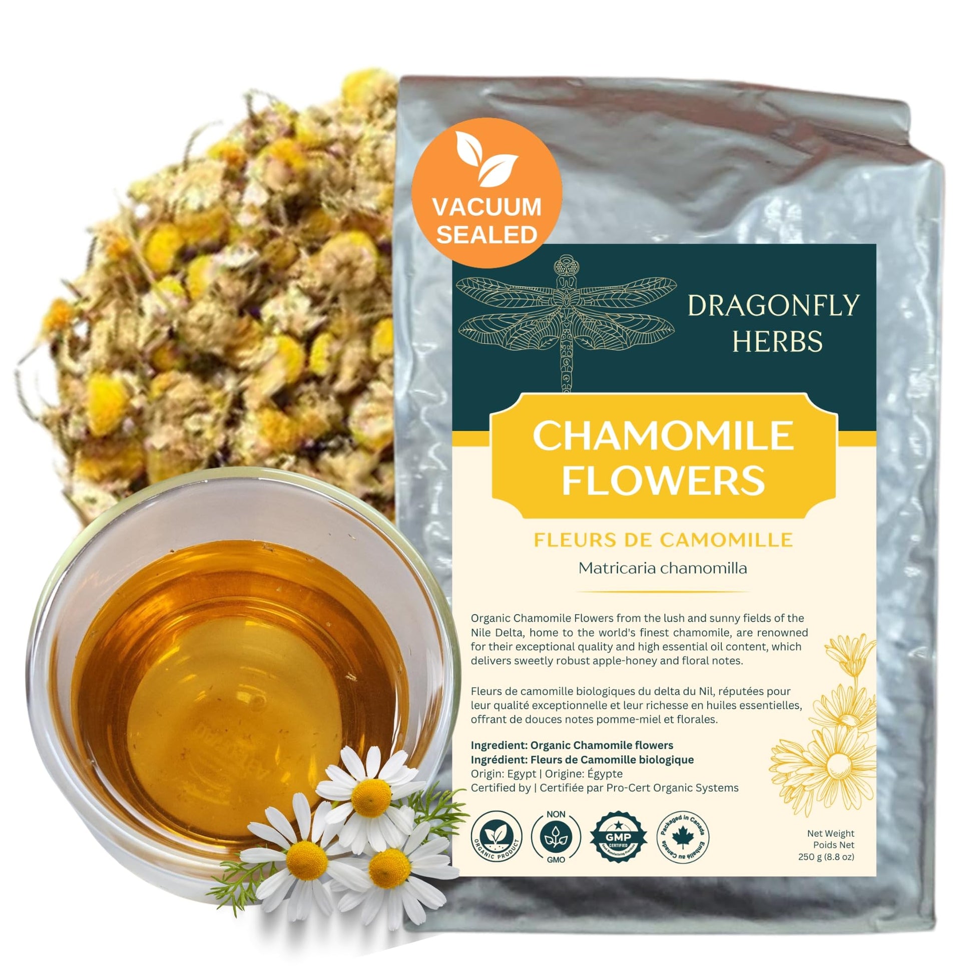Dragonfly Herbs Organic Chamomile Tea – 250g Loose Whole Flowers, German Matricaria Chamomilla