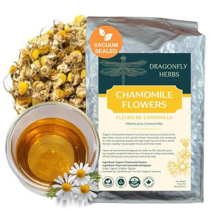 Dragonfly Herbs Organic Chamomile Tea – 250g Loose Whole Flowers, German Matricaria Chamomilla