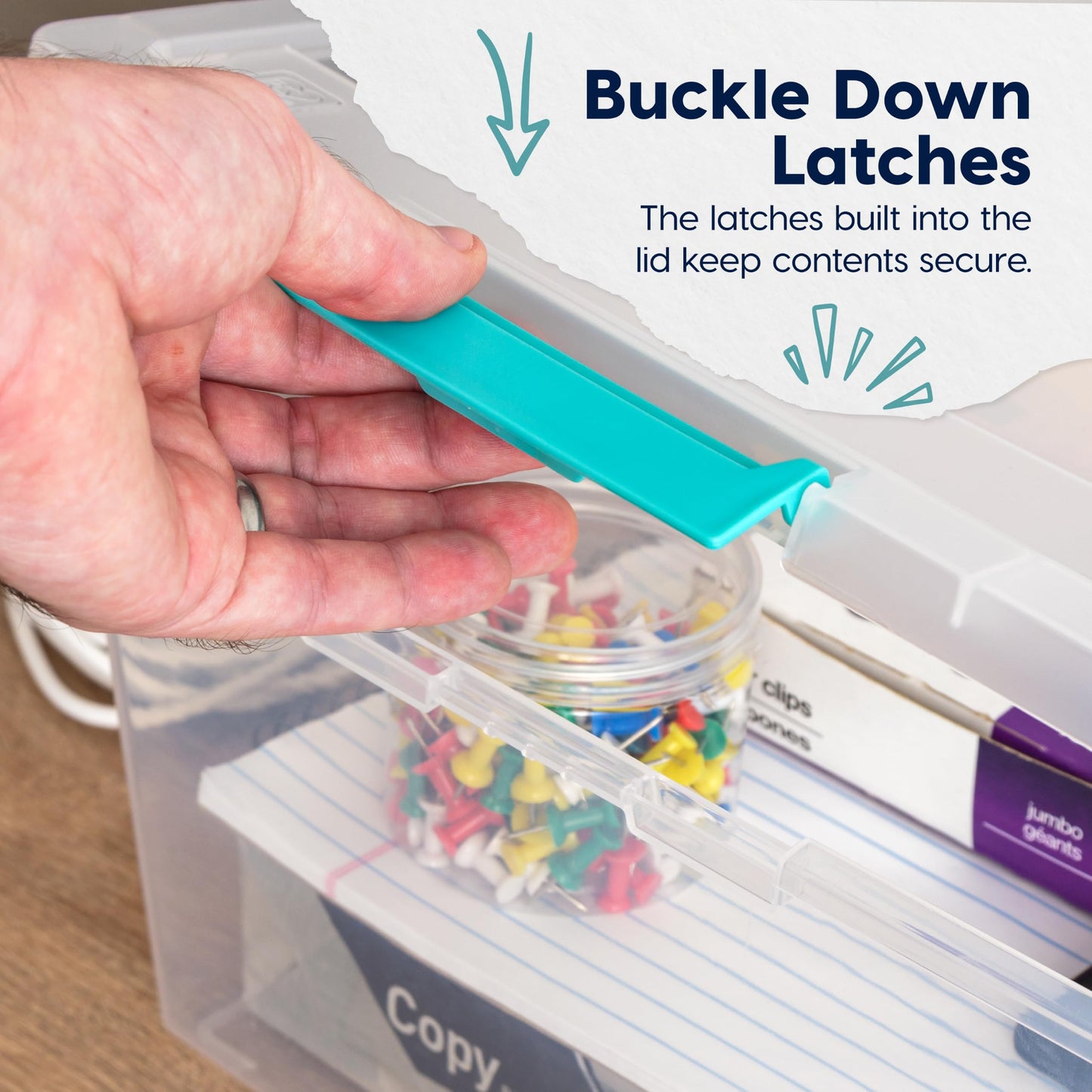 IRIS USA 11.4 L (12 US Qt) Large Deep Clip Box, 4 Pack, Clear Plastic Storage Container Bins with Latching Lids, Organizer for Home, Office and Classroom, Stackable Nestable, Seafoam Blue Buckles IRIS USA