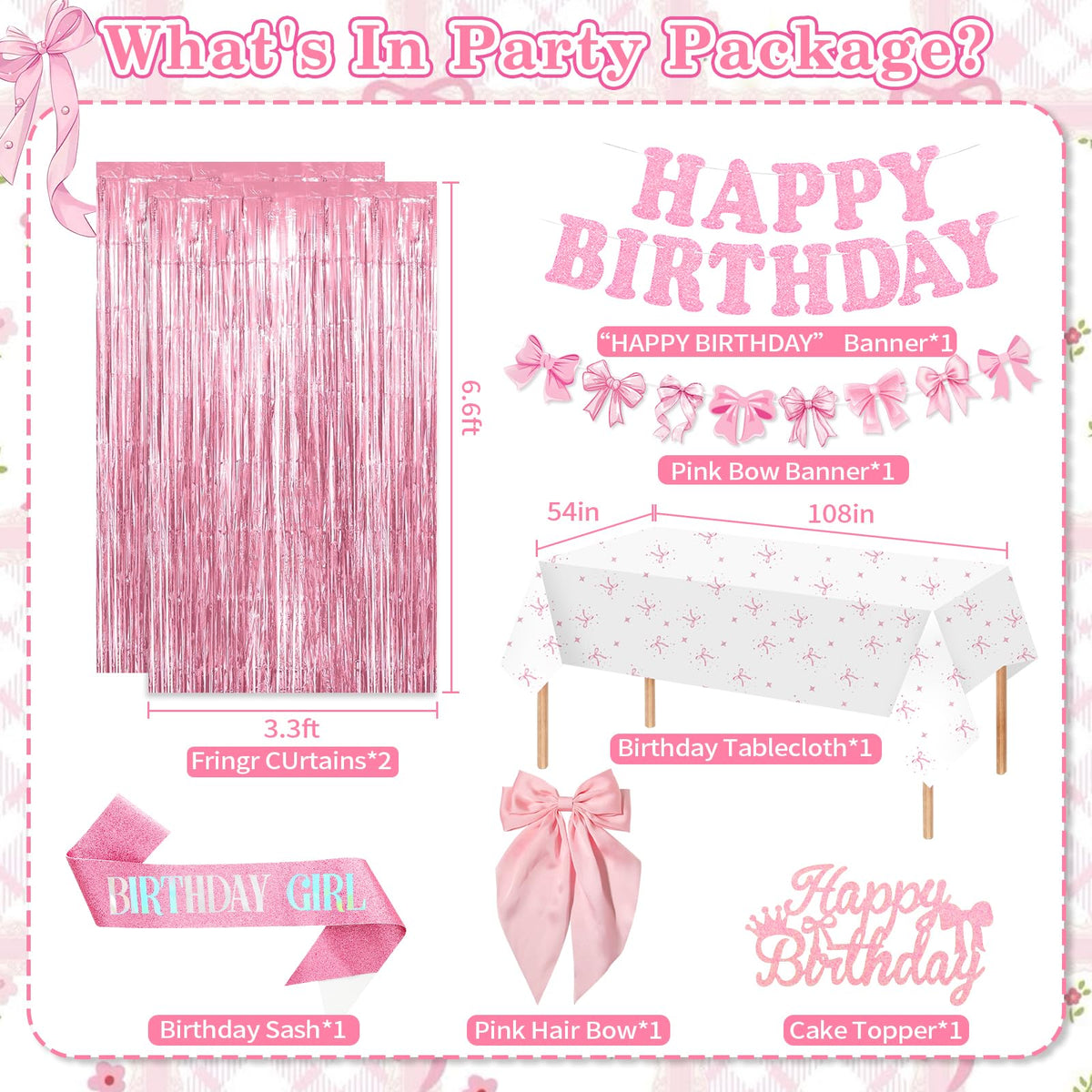 Pink Bow Birthday Decorations, Coquette Party Supplies with Balloons, Fringe Curtain, Birthday Sash, Pink Hair Bow, Tablecloth, Banner, Paper Pompoms, Cake Topper for Women Girls Bday Party Decor 🍁 All In One Marketplace Canada
