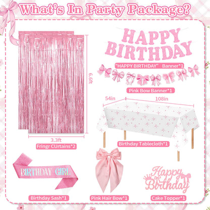 Pink Bow Birthday Decorations, Coquette Party Supplies with Balloons, Fringe Curtain, Birthday Sash, Pink Hair Bow, Tablecloth, Banner, Paper Pompoms, Cake Topper for Women Girls Bday Party Decor 🍁 All In One Marketplace Canada