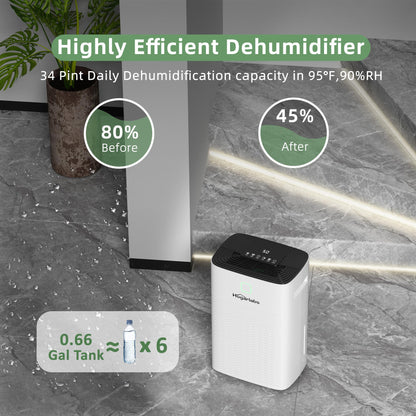 HOGARLABS 34 Pint Smart Dehumidifiers for Home and Basements, with 3 Working Modes, Overflow Protection, and Auto Shut off Restart. Ultra Silent Dehumidifier with Drain Hose and Digital Control Panel. - Available at All In One Marketplace Canada