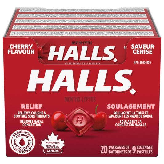HALLS Cherry Cough Drops – 20 Packs of 9 Lozenges for Sore Throat & Cough Relief