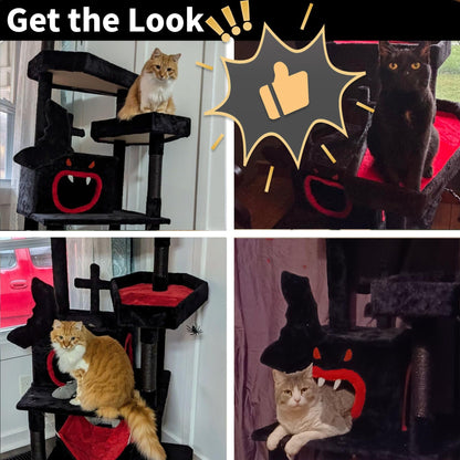 YITAHOME Gothic Cat Tree with Coffin Bed, 63" Tall Cat Tower for Indoor Cats with Top Perch, Spacious Cat Condos, Spider Hanging Balls,Comfy Hammock, Halloween Scratching Post and Ladder, Black