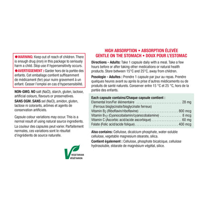 Jamieson Iron 28 mg, with Folic Acid, Vitamin B2, Vitamin B12, and Vitamin C, Helps Prevents Iron Deficiency, Provides Superior Absorption, and Gentle on the Stomach. Non-GMO, Gluten-Free, 150 Vegetarian Capsules