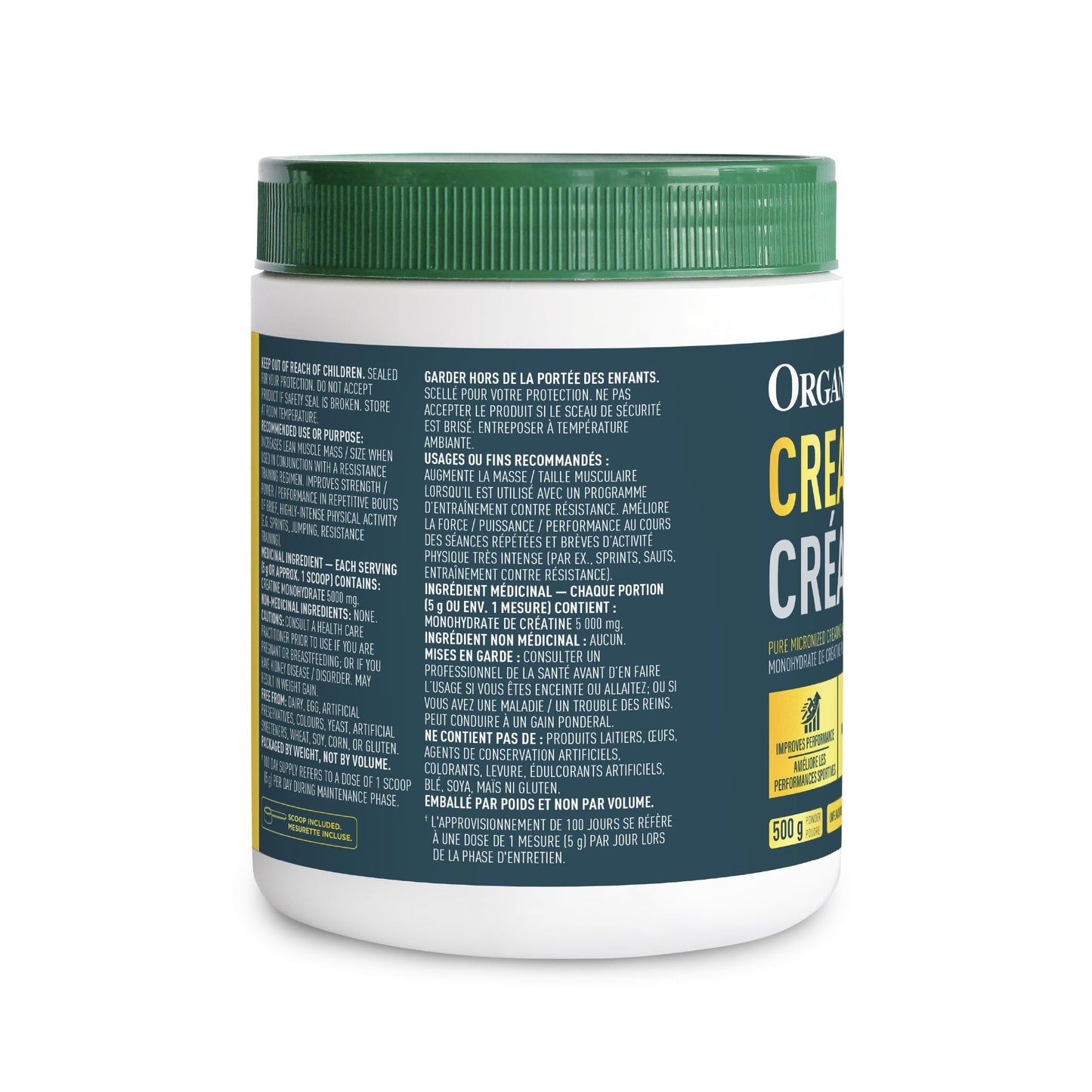 Organika Canadian-Made Creatine Powder- Pure Micronized Creatine Monohydrate - Helps Build Lean Muscle, Increase Strength, and Improved Recovery and Performance for Men and Women - 500g, 100 servings