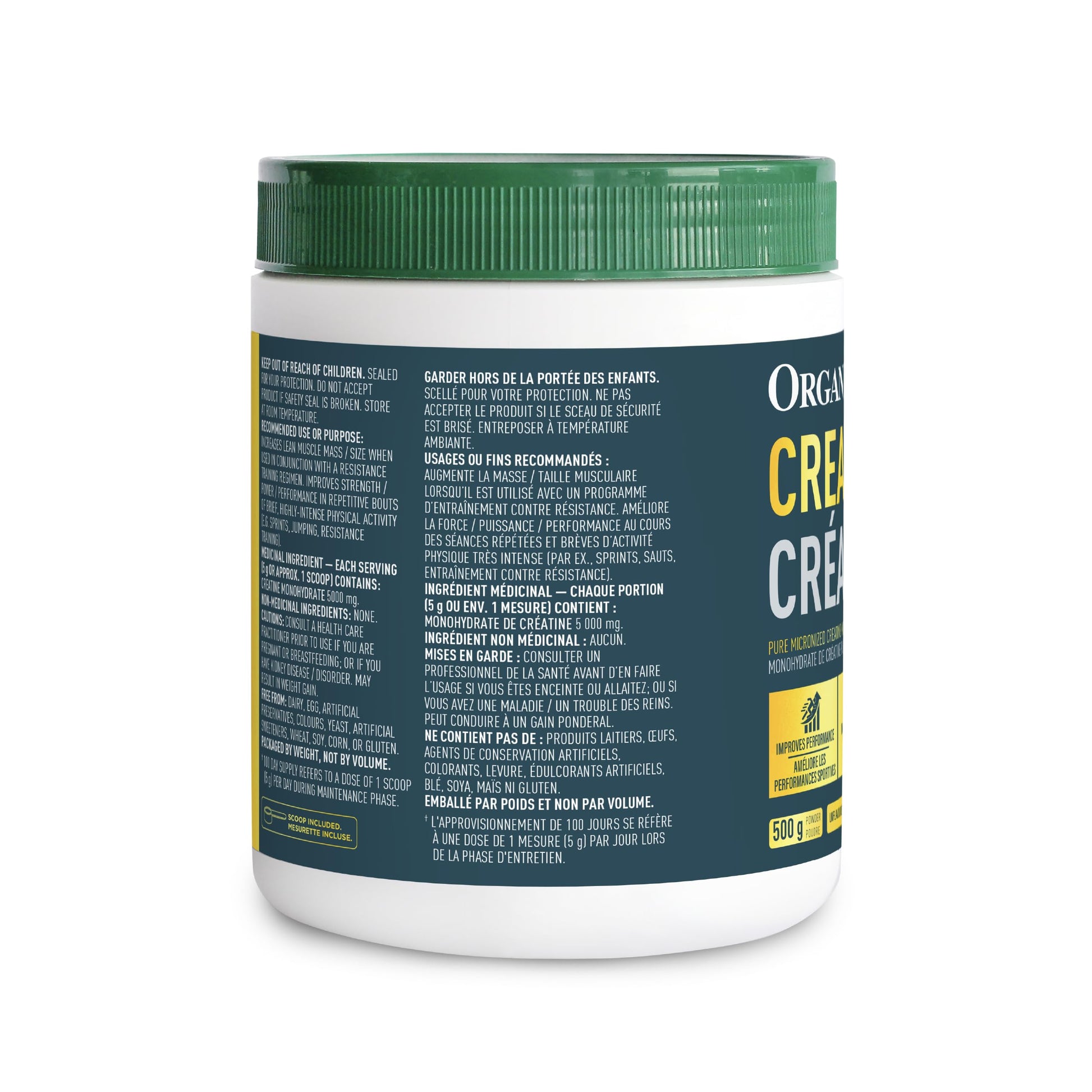 Organika Canadian-Made Creatine Powder- Pure Micronized Creatine Monohydrate - Helps Build Lean Muscle, Increase Strength, and Improved Recovery and Performance for Men and Women - 500g, 100 servings
