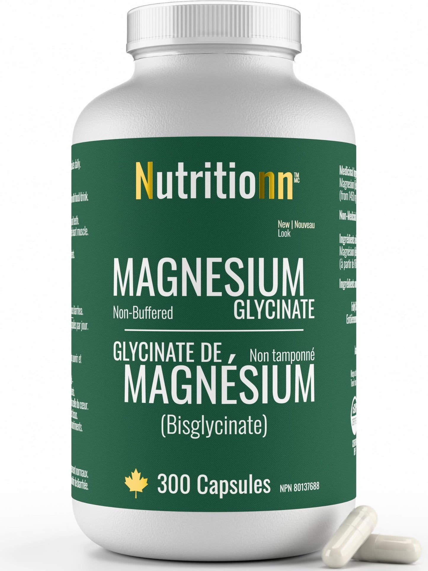 Magnesium Glycinate 200 mg Capsules (Elemental) from Non-Buffered Fully Chelated 100% Magnesium Bisglycinate - 300 Max-Capacity High-Absorption Capsules - Made in Canada - Nutritionn