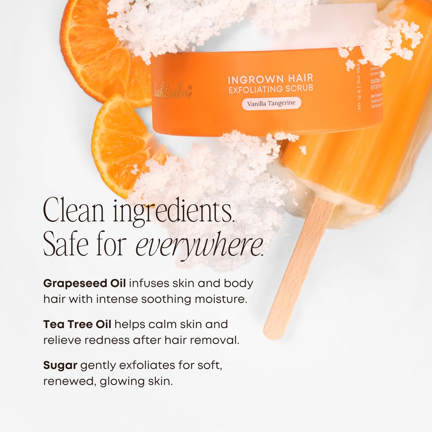 Bushbalm Ingrown Hair and Razor Bumps 2-Step Routine - Moisturize and Calm - Ingrown Hair Oil (30 ml) and Exfoliating Scrub (236 ml) - Vanilla Tangerine - Available at All In One Marketplace Canada