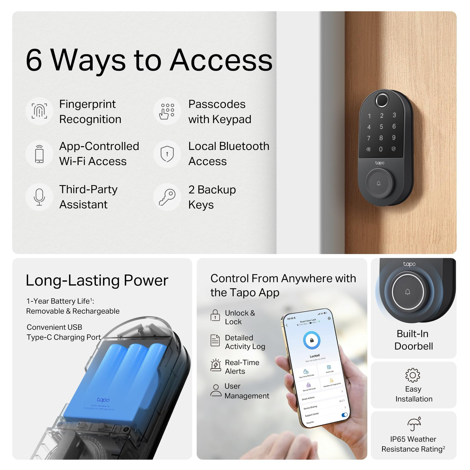 Tapo Smart Door Lock, Deadbolt | Keyless Entry, Fingerprint Recognition, Touchscreen Keypad & in-App Monitoring with Scheduled Access | 1-Year Rechargeable Battery | BHMA Grade 2 | Tapo DL110 - Available at All In One Marketplace Canada