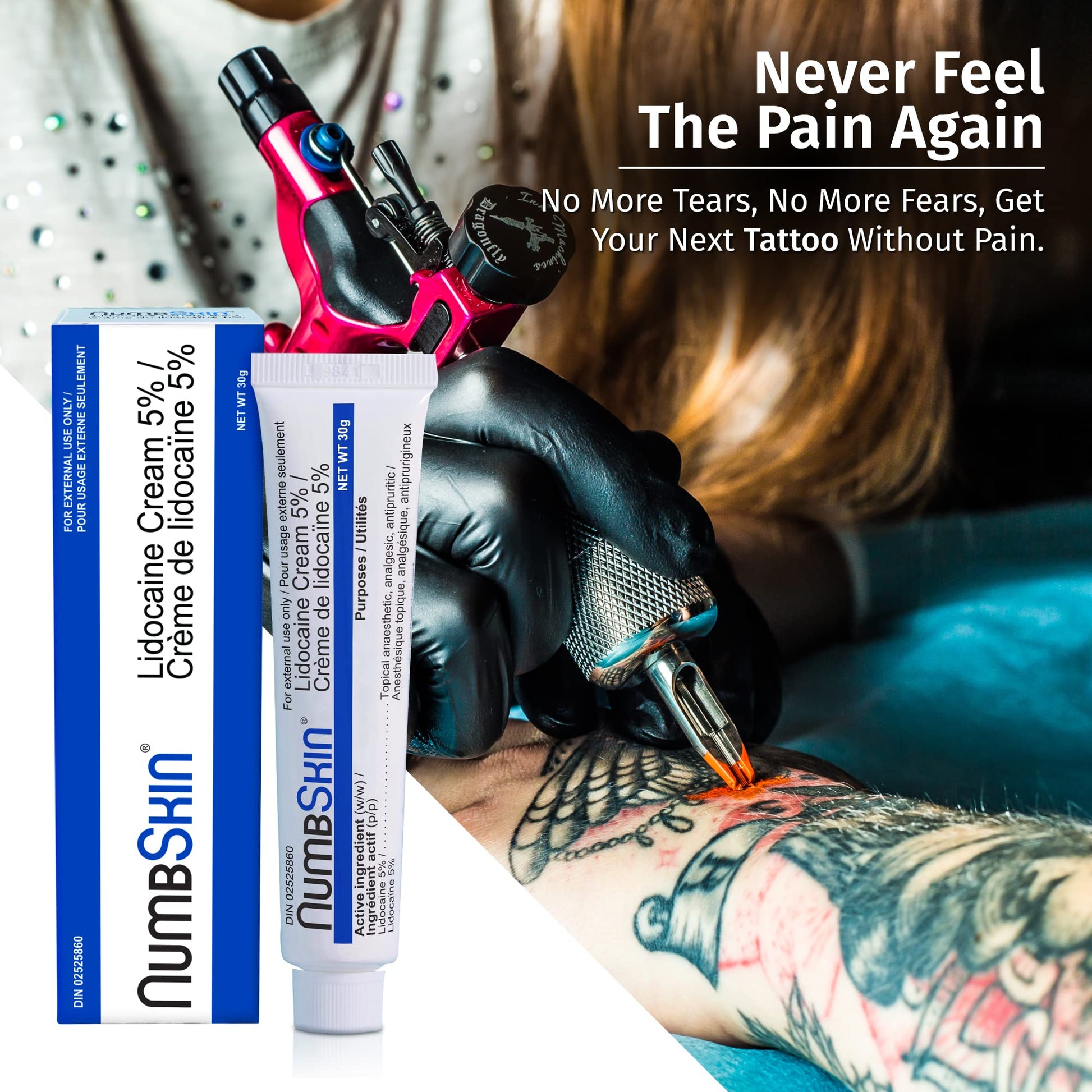 Numbskin Tattoo Numbing Cream | 5% Lidocaine Topical Anesthetic Cream | Maximum Strength Fastest Acting Pain Relieving Cream with Vitamin E, 30g (1 Tube) - Available at All In One Marketplace Canada