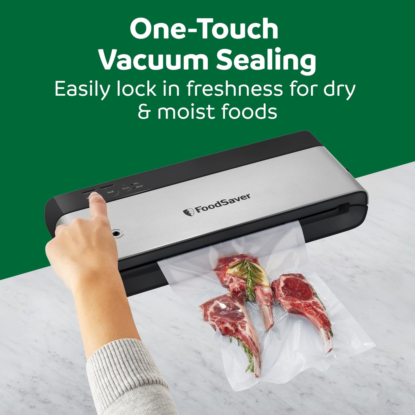 FoodSaver PowerVac Compact Vacuum Sealer Machine w/ Vertical Storage | 5 Airtight Vacuum Seal Bags & 1 Roll | VS0150 | Stainless Steel / Black - Available at All In One Marketplace Canada