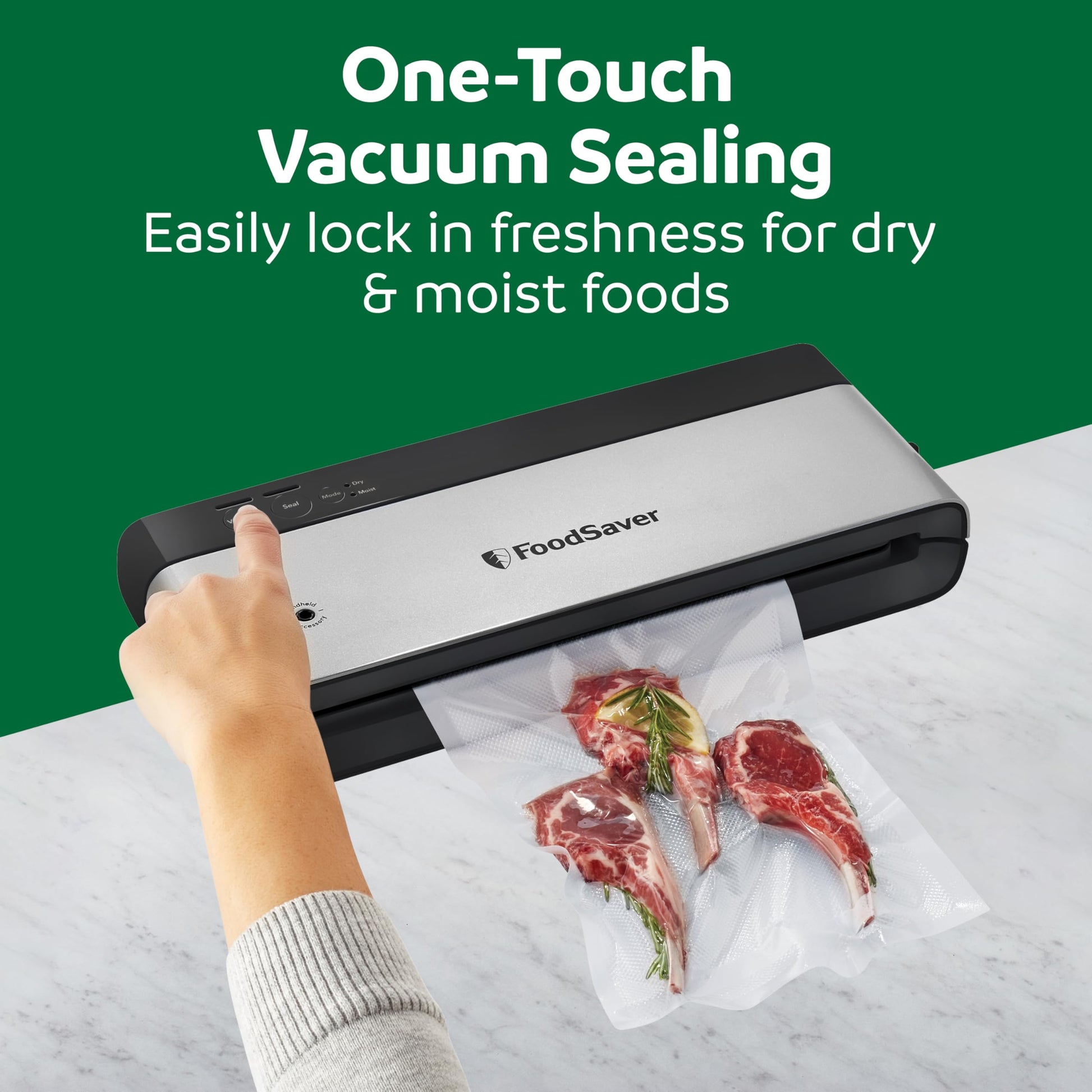 FoodSaver PowerVac Compact Vacuum Sealer Machine w/ Vertical Storage | 5 Airtight Vacuum Seal Bags & 1 Roll | VS0150 | Stainless Steel / Black - Available at All In One Marketplace Canada