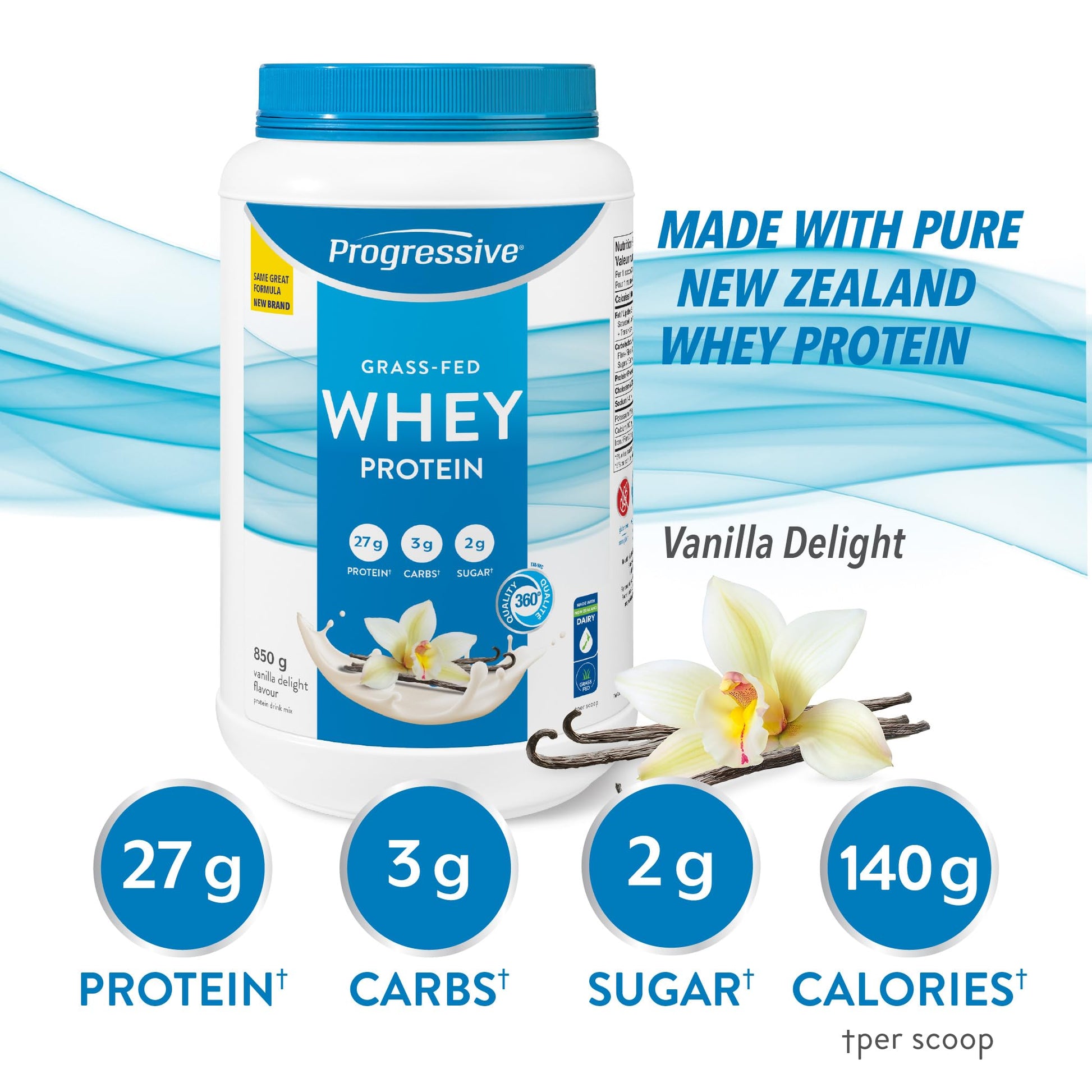 Progressive Grass-Fed 100% Whey Protein Powder Vanilla, 27g of New Zealand Whey Concentrate per Scoop for Muscle Gain, Pasture-Raised, Non-GMO, Canadian-Made Antibiotic-free, Hormone-free, 850 g Progressive