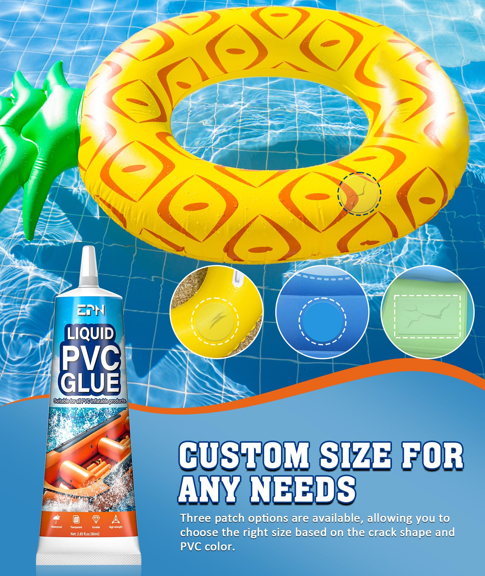 EPN Air Mattress Patch Kit, Waterproof Vinyl Pool Liner Repair Kit for Inflatables, Air Mattress, Swimming Ring, Tent, Bounce House, Inflatable Toys, Hot Tub, PVC Boat, Raft, Kayak (80ml*1)