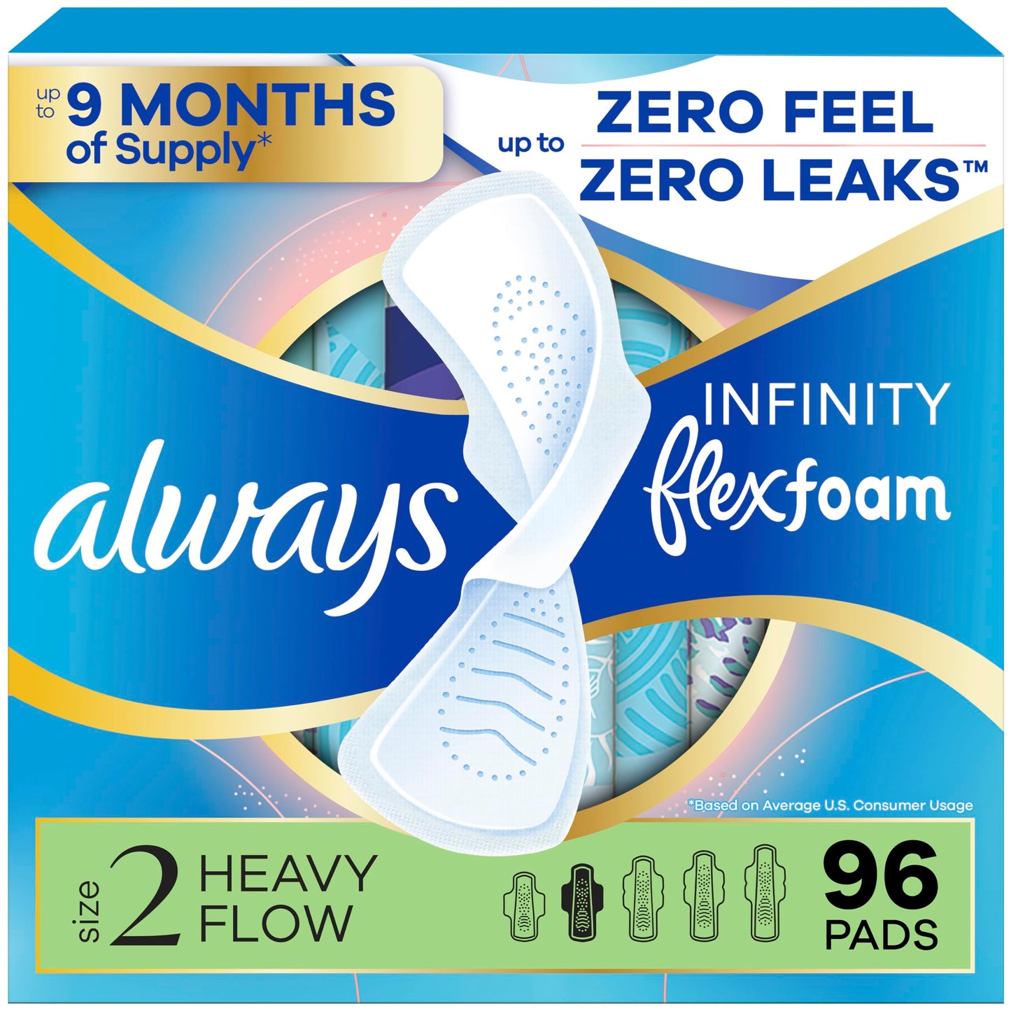 Always Infinity FlexFoam Pads for Women, Size 2, Heavy Pad with Wings, Unscented, 96 Count