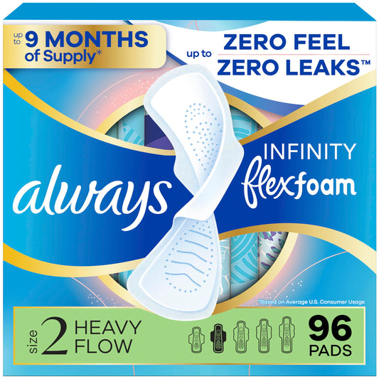 Always Infinity FlexFoam Pads for Women, Size 2, Heavy Pad with Wings, Unscented, 96 Count
