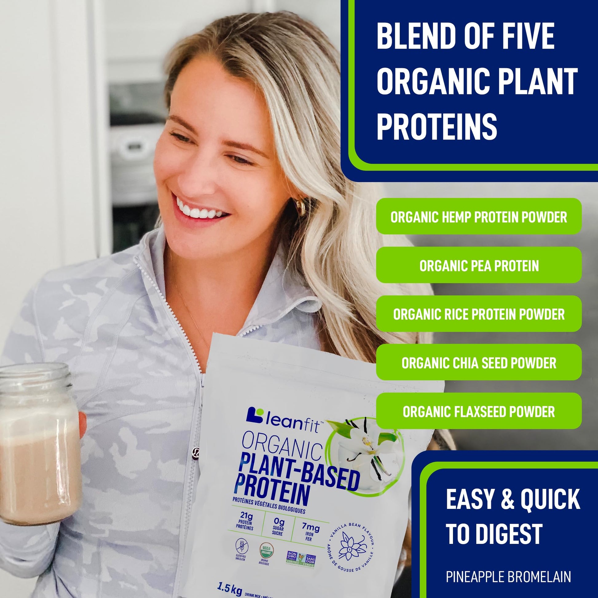 LeanFit Organic Plant-Based Protein Powder - Natural Vanilla Flavor, 21g Protein Per Serving, 44 Servings, 1.5kg