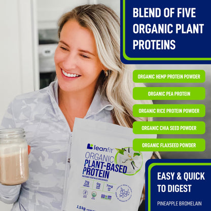LeanFit Organic Plant-Based Protein Powder - Natural Vanilla Flavor, 21g Protein Per Serving, 44 Servings, 1.5kg