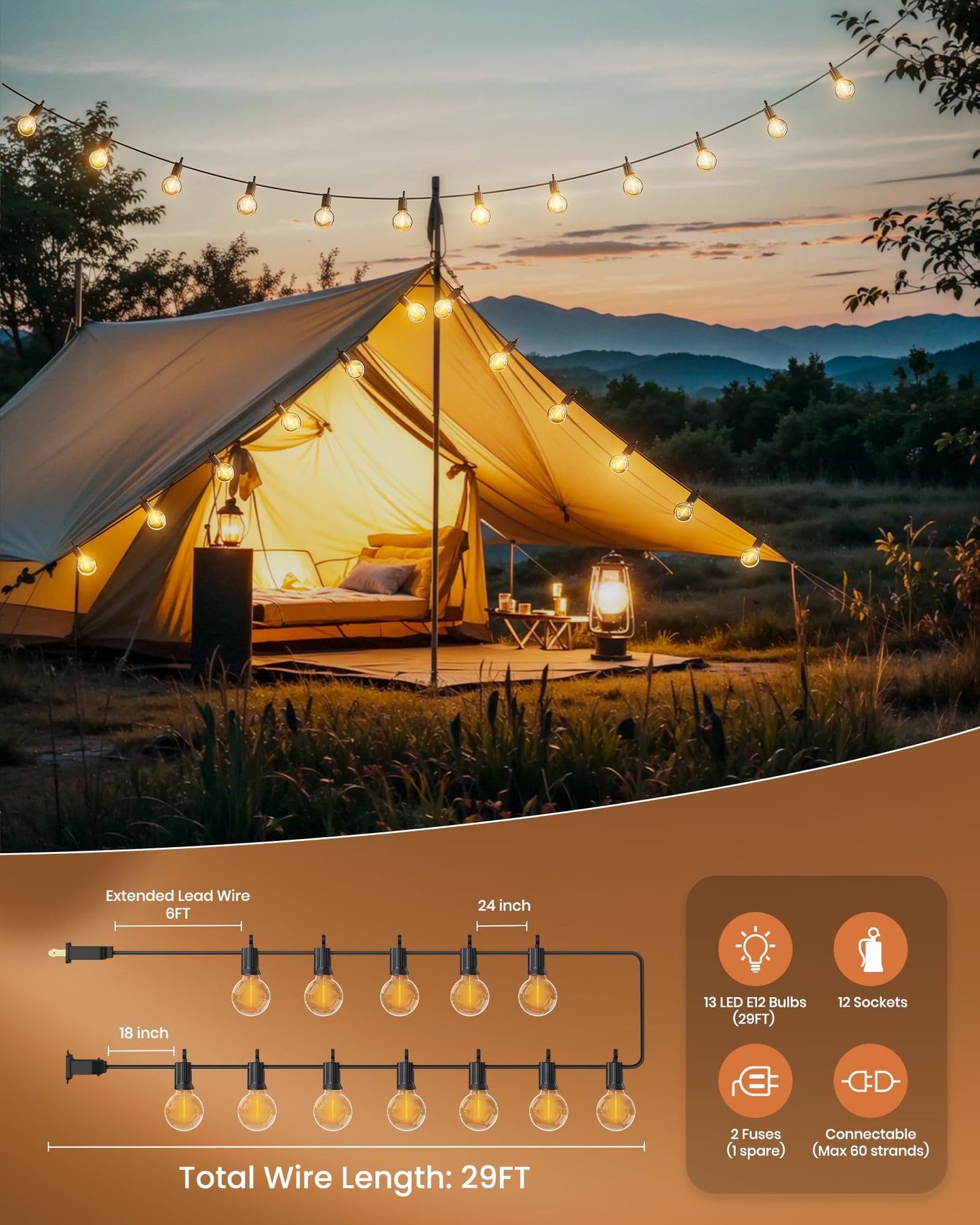 Outdoor String Lights 25 Feet G40 Globe LEDs Patio Lights with 13 Edison LED Bulbs(1 Spare), Waterproof Connectable Hanging Light for Backyard Porch Balcony Party Decor, E12 Socket Base, Black