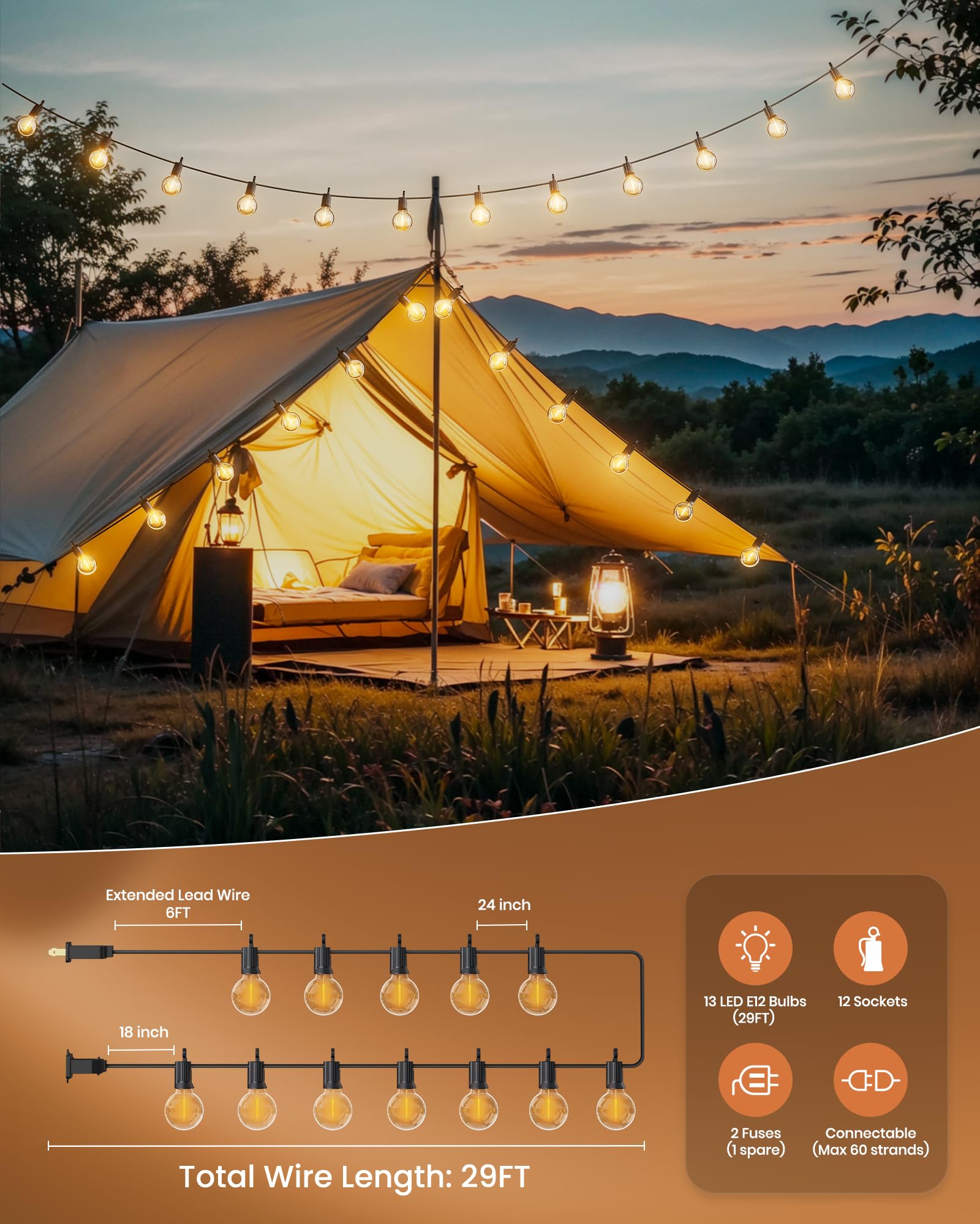 Outdoor String Lights 25 Feet G40 Globe LEDs Patio Lights with 13 Edison LED Bulbs(1 Spare), Waterproof Connectable Hanging Light for Backyard Porch Balcony Party Decor, E12 Socket Base, Black
