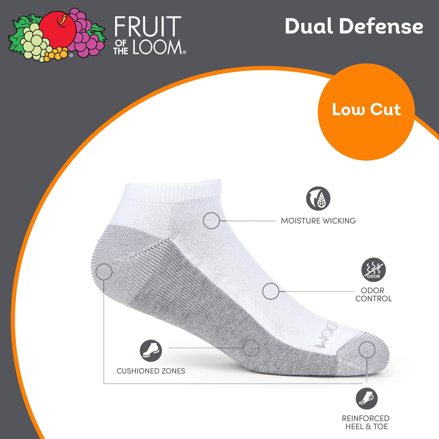 Fruit of the Loom mens 12 Pair Pack Dual Defense Cushioned Socks, White/Grey, 6-12 Fruit of the Loom