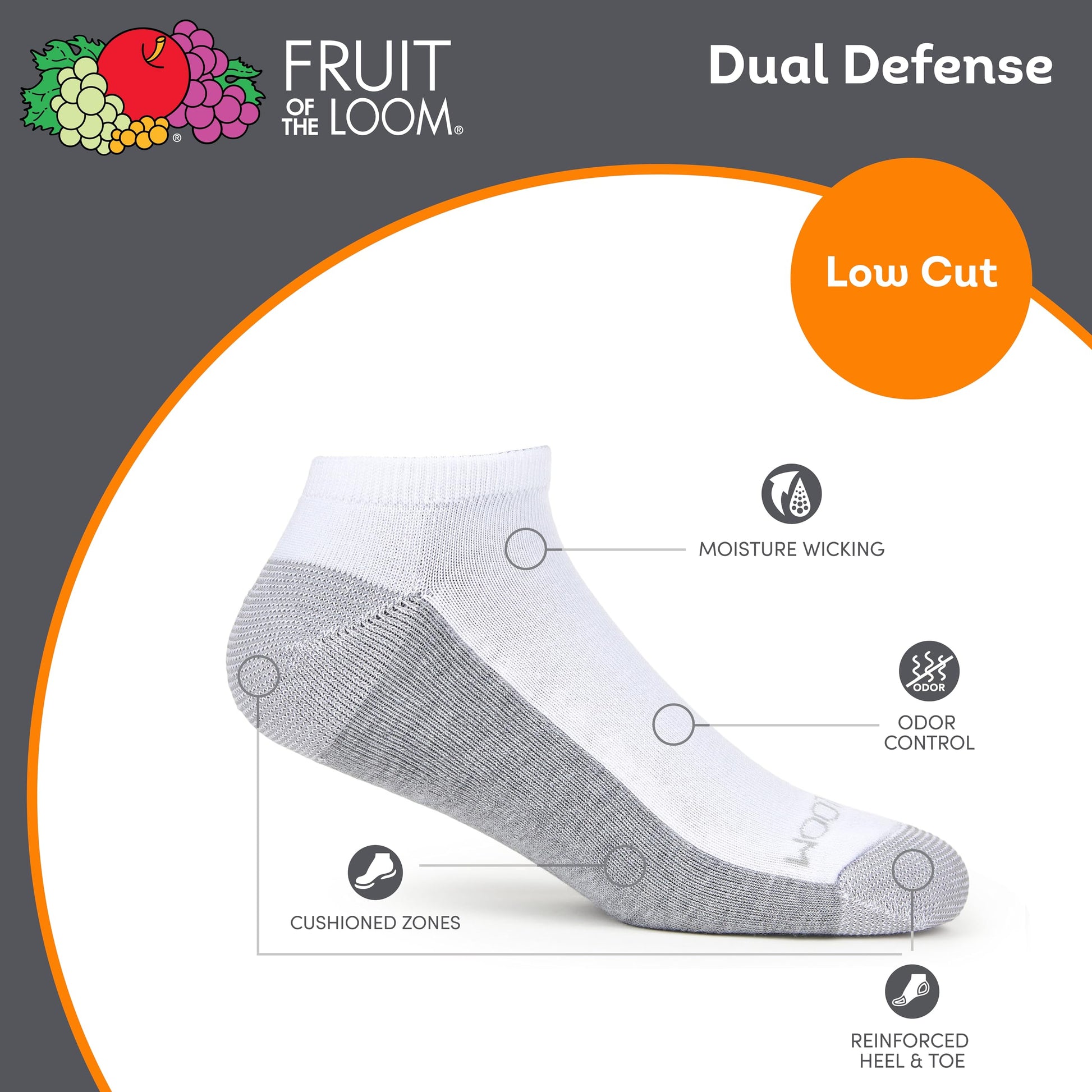 Fruit of the Loom mens 12 Pair Pack Dual Defense Cushioned Socks, White/Grey, 6-12 Fruit of the Loom
