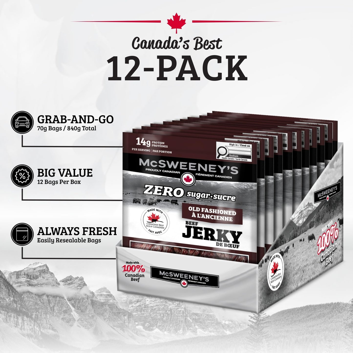 McSweeney's Zero Sugar Old Fashioned Beef Jerky – 100% Canadian, High Protein, Keto Friendly, 70g (Pack of 12)