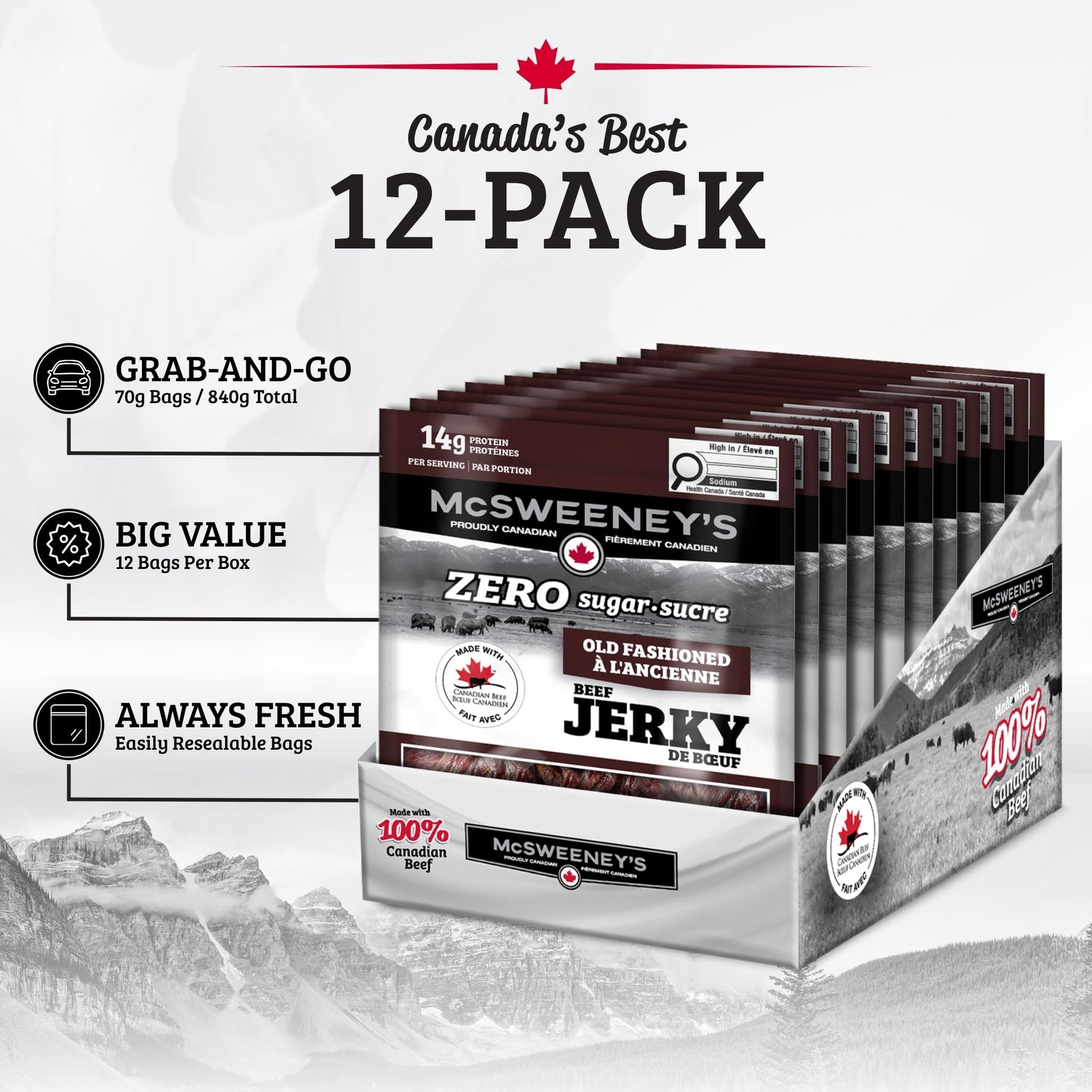 McSweeney's Zero Sugar Old Fashioned Beef Jerky – 100% Canadian, High Protein, Keto Friendly, 70g (Pack of 12)