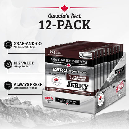 McSweeney's Zero Sugar Old Fashioned Beef Jerky – 100% Canadian, High Protein, Keto Friendly, 70g (Pack of 12)