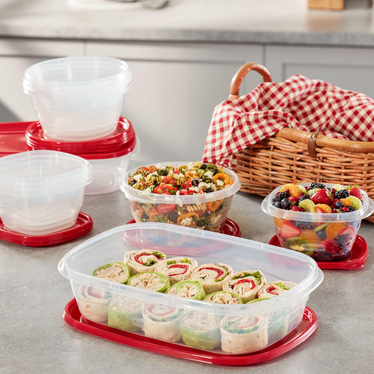 Rubbermaid TakeAlongs Food Storage Containers, 52 Piece Plastic Container Set, Dishwasher and Microwave Safe Meal Prep, Snack, and Lunch Container, BPA Free, Ruby Red - Available at All In One Marketplace Canada