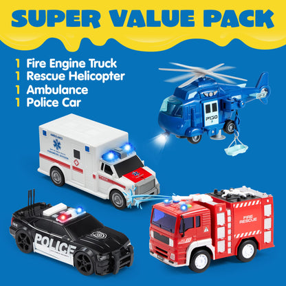 JOYIN 4 Packs Emergency Vehicle Toy Playsets, Friction Powered Vehicles with Light and Sound, Including Fire Truck, Ambulance, Play Police Car and Helicopter, Christmas Toddler Kids Boys Gifts 🍁 All In One Marketplace Canada