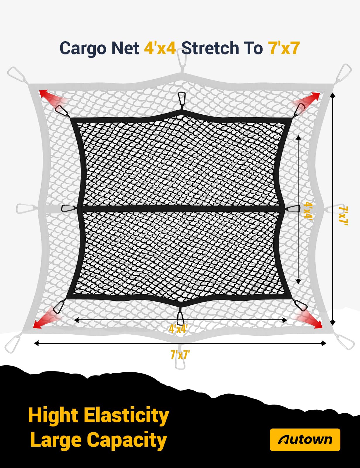 AUTOWN Cargo Net for Pickup Truck Bed - Stretchable 4'x4' to 7'x7', High Elastic Fine Mesh 1''x1'' with 8 Metal Carabiners - Ideal for ATV, SUV, UTV, Truck and Boat Use (Single Layer)