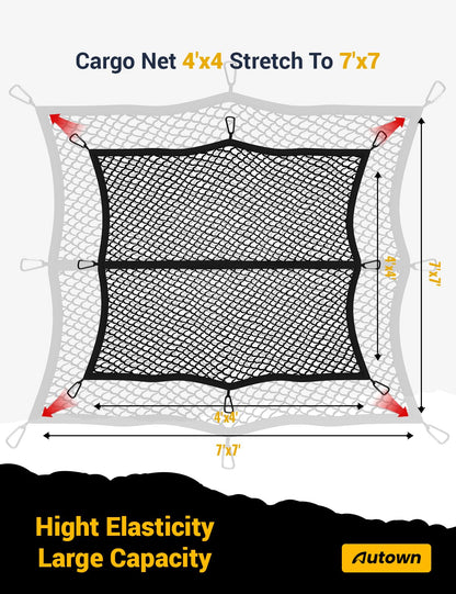 AUTOWN Cargo Net for Pickup Truck Bed - Stretchable 4'x4' to 7'x7', High Elastic Fine Mesh 1''x1'' with 8 Metal Carabiners - Ideal for ATV, SUV, UTV, Truck and Boat Use (Single Layer)