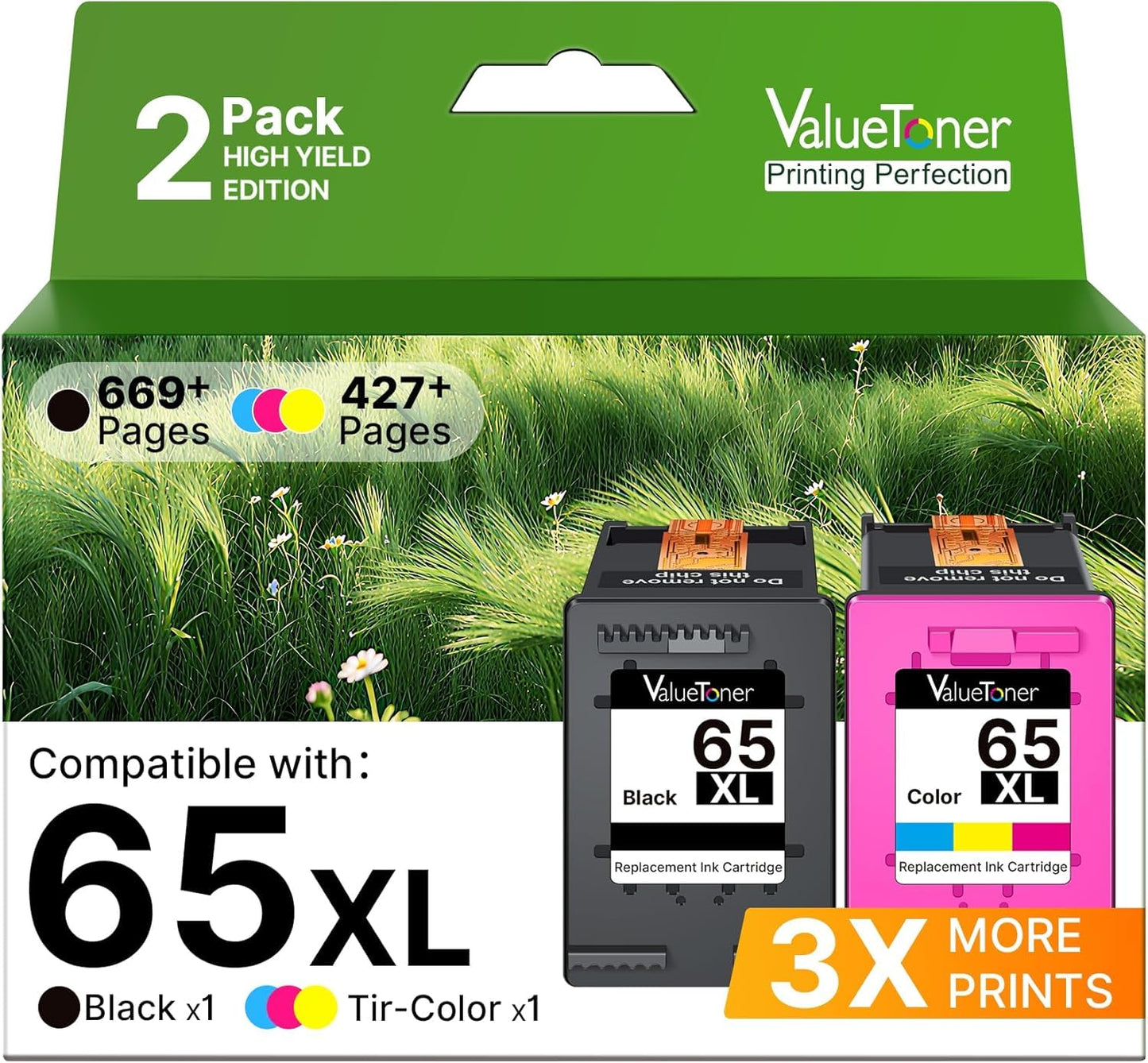 Valuetoner Remanufactured Ink Cartridges Replacement for HP 65XL Ink Cartridge Combo Pack 65 XL for Envy 5055 5052 5058 DeskJet 3755 2655 3720 3722 3723 3752 3758 2652 2624(1 Black, 1 Color) Valuetoner