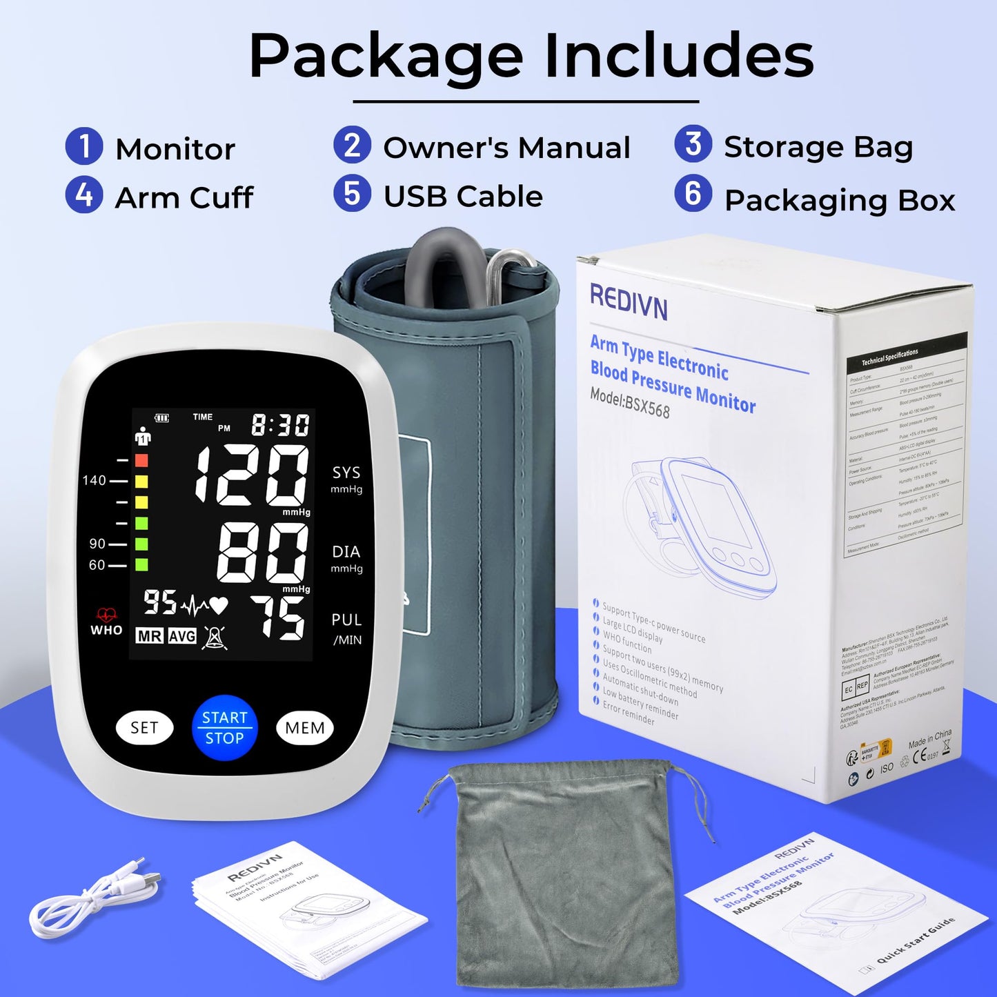 REDIVN Blood Pressure Monitor Automatic Upper Arm Machine & Accurate Adjustable Digital BP Cuff with Large LCD Backlit Display - 2x99 Memory for Home Use with Large Adjustable Cuff