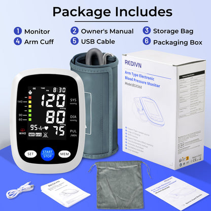 REDIVN Blood Pressure Monitor Automatic Upper Arm Machine & Accurate Adjustable Digital BP Cuff with Large LCD Backlit Display - 2x99 Memory for Home Use with Large Adjustable Cuff